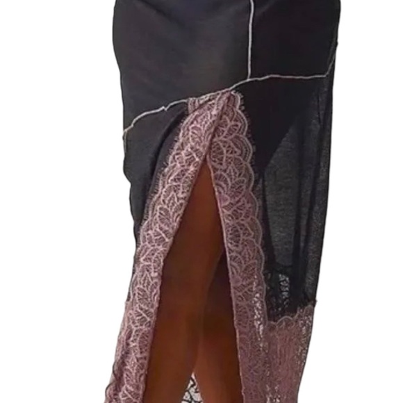 FREE PEOPLE NWOT SLIP SKIRT BLACK SHEER PLUM TRIM SZ SMALL - Picture 2 of 4